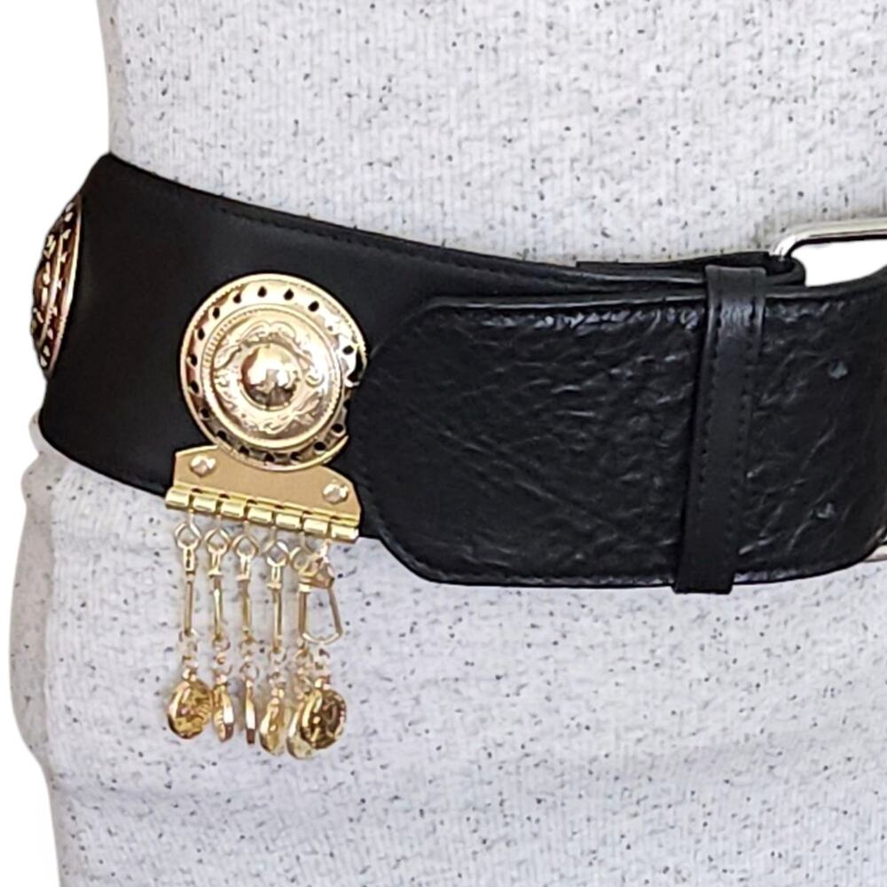 DYLAN LEX Romy black leather wide statement high waist medallion charm belt Sz S - Picture 4 of 11